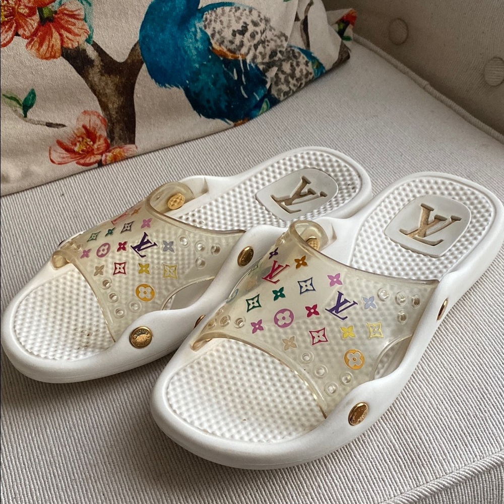 Louis Vuitton White Multicolor Slide Sandals